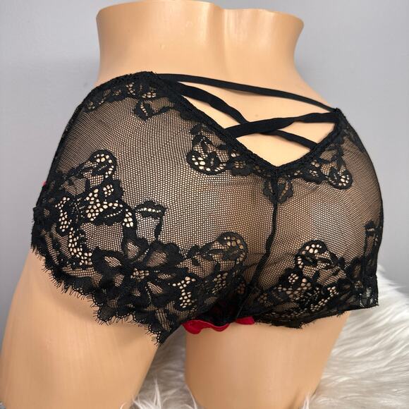 Cacique Cheeky Panty Panties Plus Size 14/16 Red Satin Black Lace Criss Cross - Picture 12 of 12